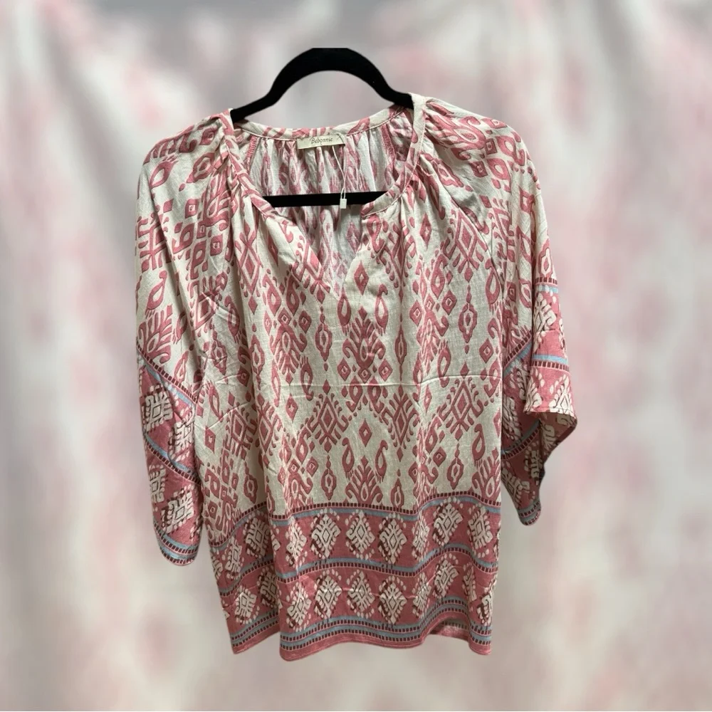 Bebonnie pink and white boho peasant blouse with 3/4 length sleeves - NWOT - Picture 3 of 8